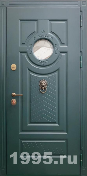 Стальная дверь с круглым стеклом, кнокером и зелеными панелями МДФ RAL (терморазрыв)